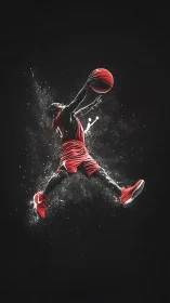 Soaring basketball player captured in midair energy burst.