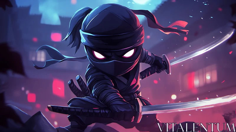 Tiny midnight ninja poised between shadows and starlight.