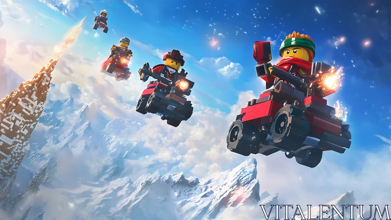 Toy sky raiders rocket over glittering snow-peaked mountains