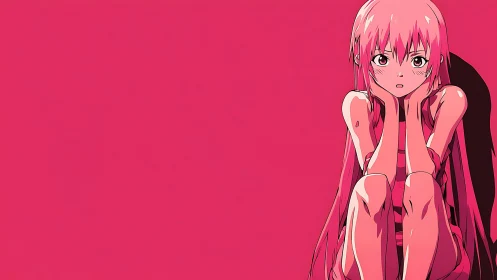 Pink haired anime girl sits curled up against solid background