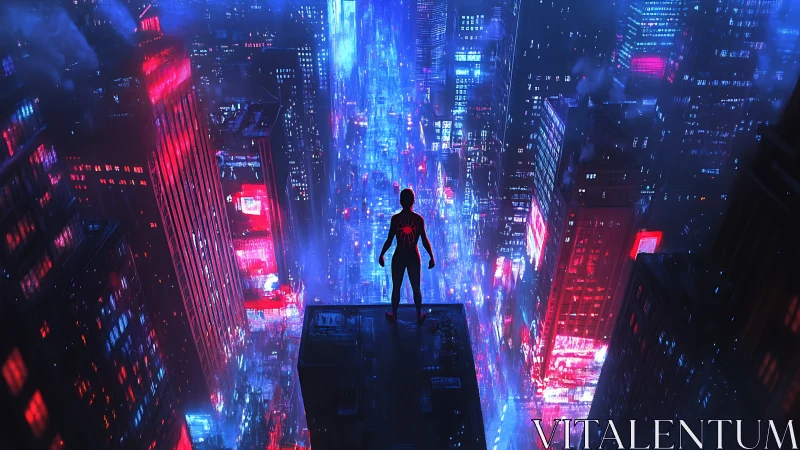 Superhero silhouette over neon city at night skyline.