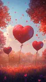 Red heart-shaped balloons floating above cultivated field landscape