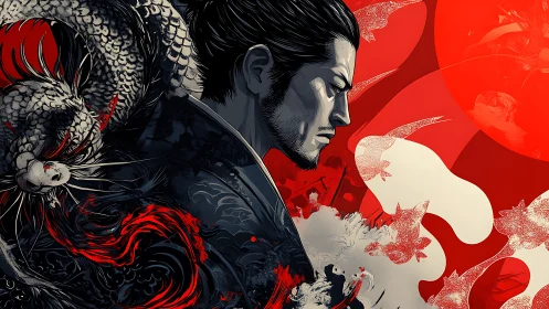 Samurai profile framed by dynamic dragon and abstract reds