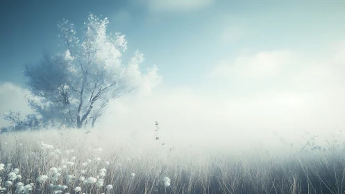Frosted tree anchors a mist-laden meadow in desaturated light