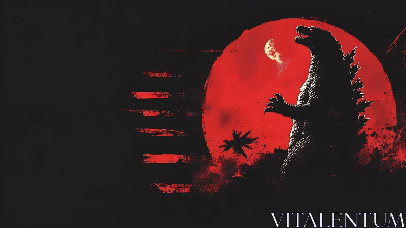 Giant kaiju silhouette against blood-red moonlit sky.