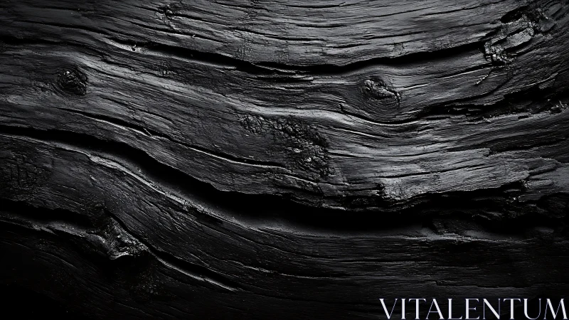 Charred wood grain surface shows deep black ridges and grooves