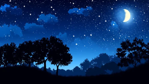 Crescent moon over starlit forest skyline in deep blue night
