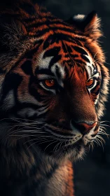 High-contrast close-up portrait of tiger in directional rim light