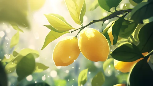 Sunlit lemons resting in a dreamy garden morning glow.