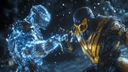 Cybernetic ice warrior clashing with armored rival mid-fight.