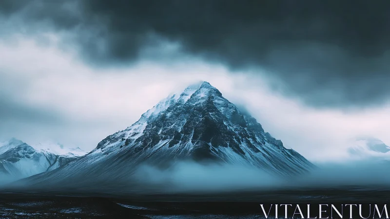 Stormy snow-covered peak rising from low mountain fog.