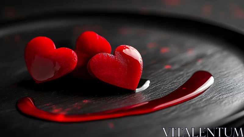 Glossy red heart-shaped resin forms with chromatic liquid smear on dark textured surface