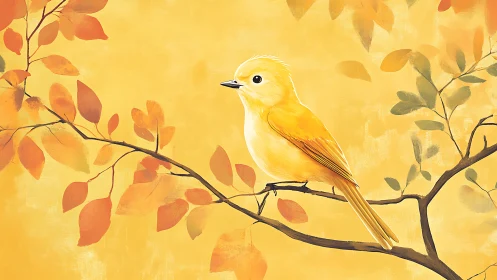 Yellow songbird on autumn branch, digital painting with warm tones.