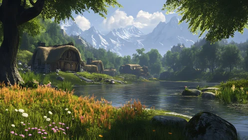 Riverside village with thatched cottages and snowy mountains