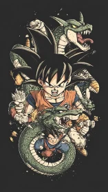 Dynamic shonen warrior collage with serpentine dragon forms