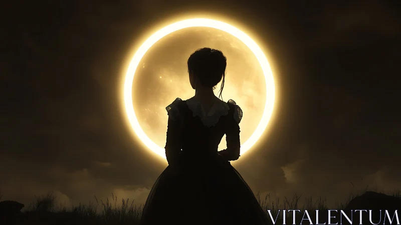 Silhouetted woman in dress standing before bright full moon.