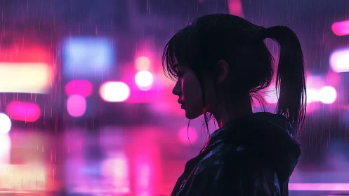 Silhouette of woman in rain against neon urban lights.