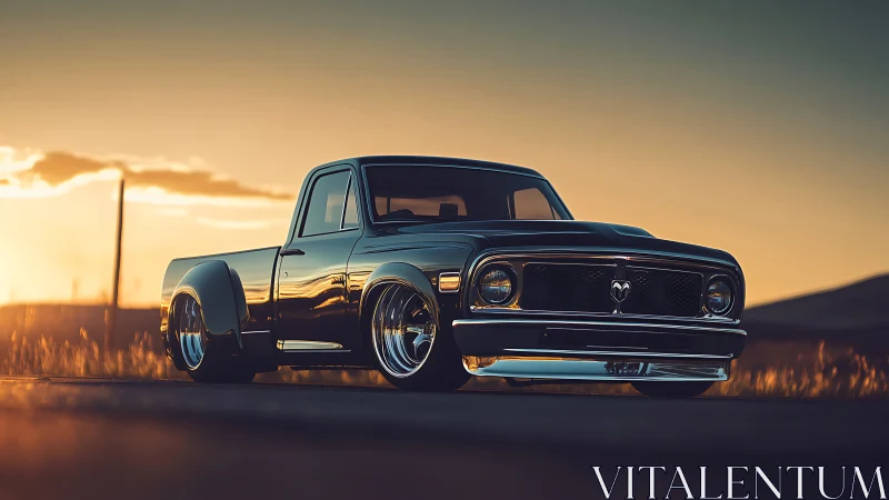 Photorealistic classic pickup at golden-hour roadside staging.