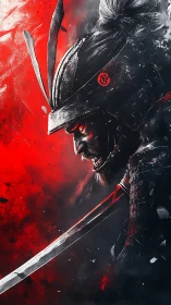 Bloodlit samurai profile amid fractured red stormscape.
