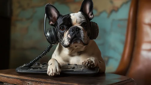 Black and white dog with headphones at gaming console.