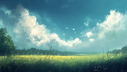 Wide grassy field lies under towering cumulus clouds and sky