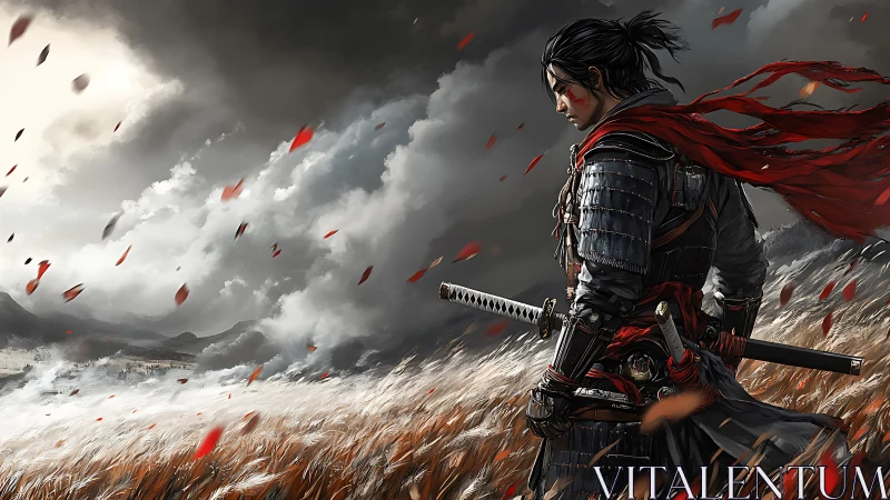 Armored samurai stands in stormlit field under dramatic skies