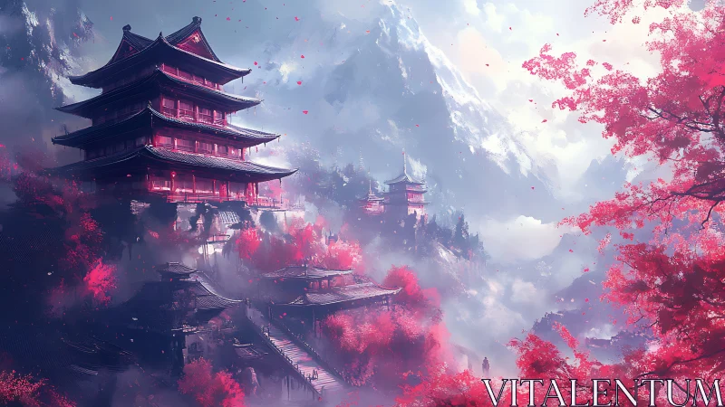 Crimson mountain temple complex amid drifting mist.