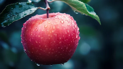 Ripe red apple with dewdrops in soft natural bokeh focus.