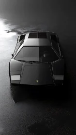 Sleek black supercar stands poised on a moody wet surface