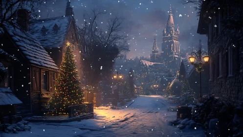 Snowy village street glows with warm Christmas lights at dusk