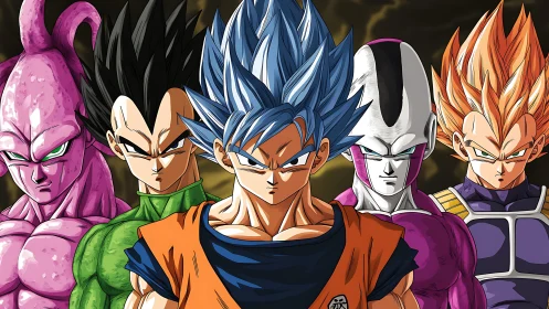 Fierce anime warriors lined up in bold electric colors.