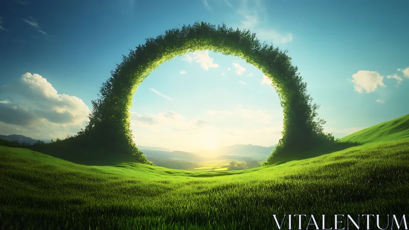 Circular hedge arch frames distant valley at sunrise