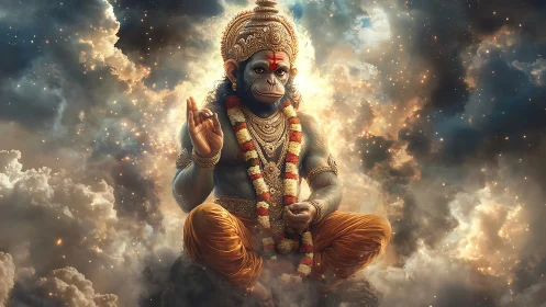 Divine simian deity in glowing celestial cloudscape digital art.