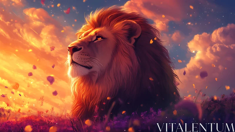 Majestic lion portrait in sunset field with drifting petals
