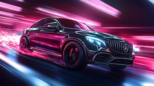 Mercedes performance SUV in neon motion blur environment.