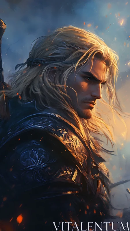Brooding blonde warrior in ornate dark armor amid embers.
