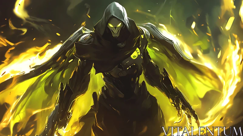 Hooded skeletal warrior emerges from neon inferno of flames.