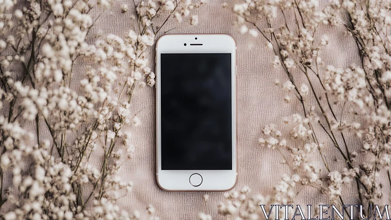 White iPhone on Neutral Fabric with Baby's Breath Flowers.