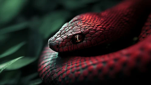 Close view of red snake coiled among dark green leaves.