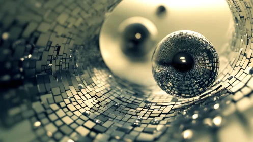 Parametric metallic vortex with reflective voxel spheres in motion