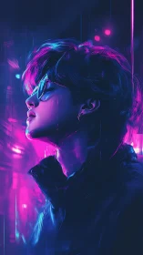 Neon-lit profile of a cyberpunk dreamer in glowing city haze.