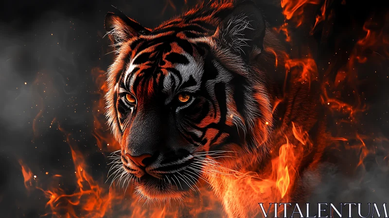 Ember-eyed tiger stalking through a storm of living fire.