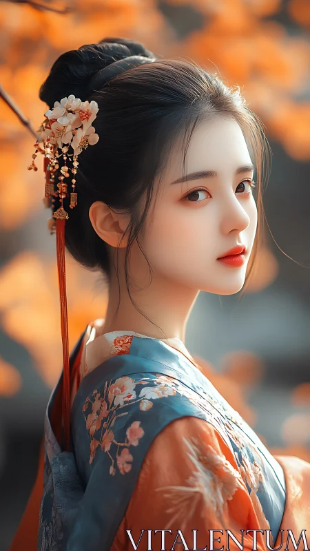 Elegant geisha portrait in embroidered blue-orange silk kimono.