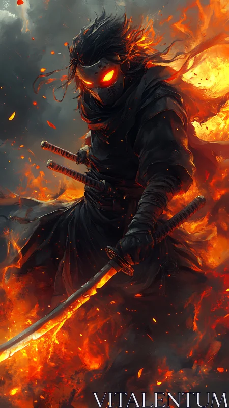 Ember-eyed shadow ronin strides through roaring inferno night.