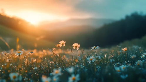 Backlit dew-kissed wildflower meadow at golden sunrise