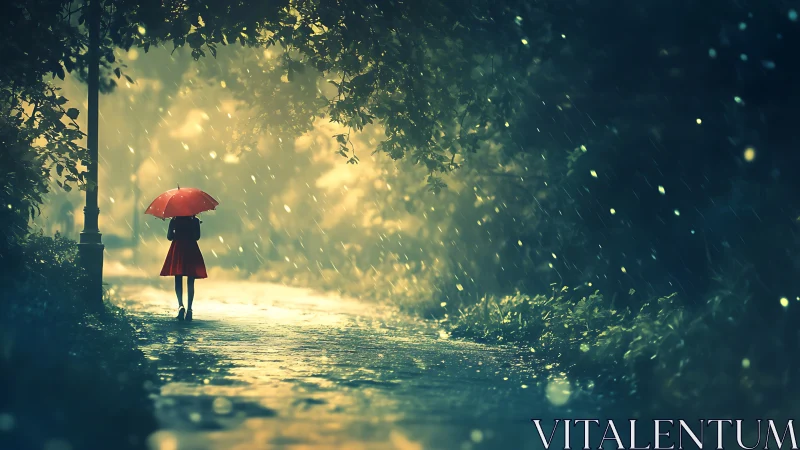 Solitary figure with red umbrella on wet forest path.