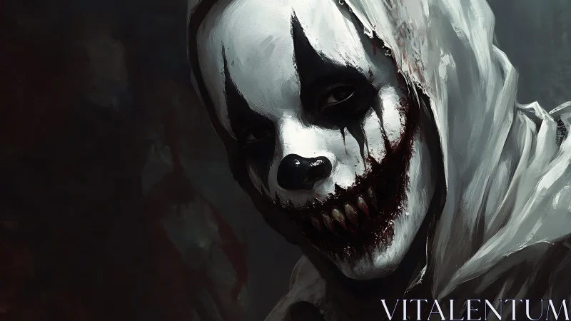 Sinister clown figure with bloody teeth in white hooded robe.