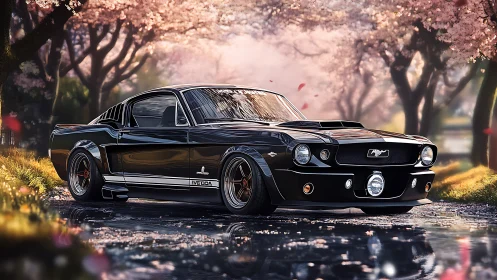 Classic black muscle car gleams beneath soft cherry blossoms.