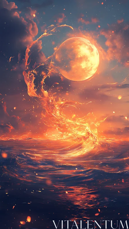 Celestial Fire Phenomenon: Luminous Moon Engulfed by Molten Energy Vortex