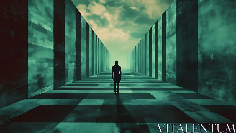Solitary human silhouette in teal monolithic corridor perspective.